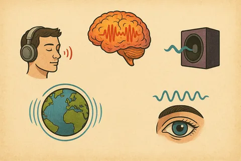 Flat icons of a man in headphones, an orange brain with a waveform, a speaker, an eye with a wave and a globe with rings