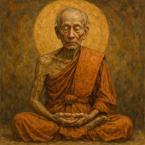 Painted elderly monk in orange robes sitting cross-legged with eyes closed, a golden halo behind his head
