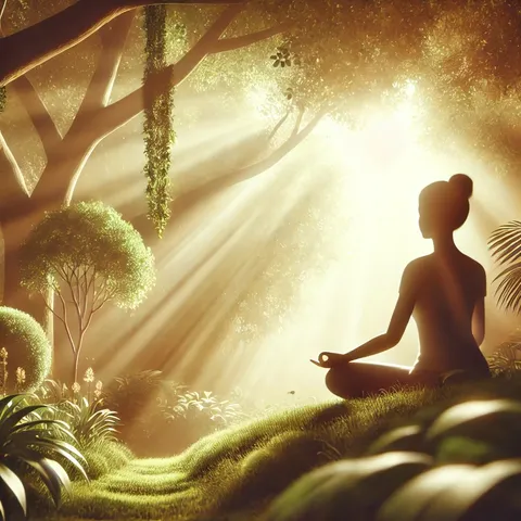 A woman in silhouette sitting cross-legged on grass in a forest, with golden sunbeams streaming through the trees