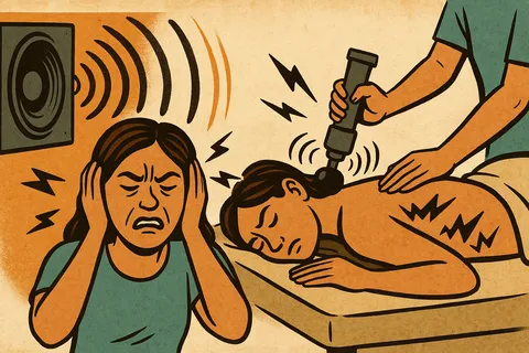 Illustration of a woman covering her ears beside a speaker, and a person face down with a massage gun held to the neck