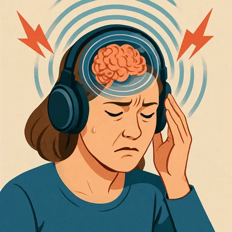 Illustration of a woman in blue headphones wincing with a hand at her temple, a brain in rings of sound and orange bolts