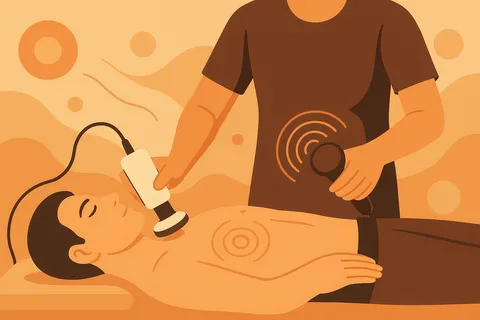 Orange illustration of a practitioner holding a vibration device to a man's collarbone while he lies with closed eyes