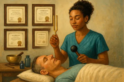 Painted practitioner holding a tuning fork over a resting client, with framed certificates and a singing bowl behind