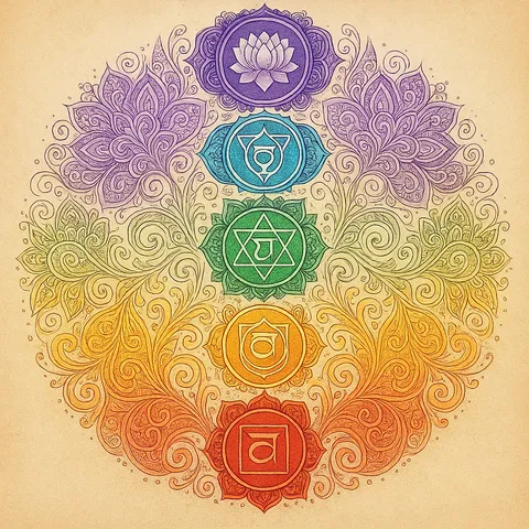 Illustrated mandala of five colored chakra symbols stacked from red to purple, framed by ornate floral swirls on parchment