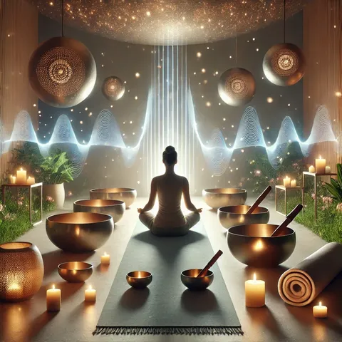 Woman meditating on a mat between glowing singing bowls, candles and plants, with luminous sound waves behind her