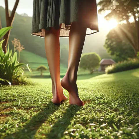 Bare feet and lower legs of a person in a skirt walking on dewy green grass in a sunlit garden, with hills and trees behind