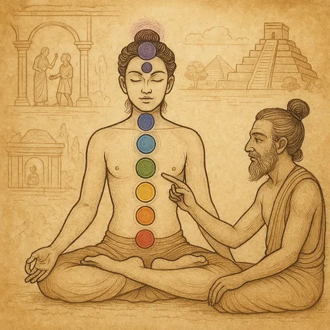 Sepia drawing of a seated teacher pointing to colored discs on a meditating student, with temples and pyramids behind