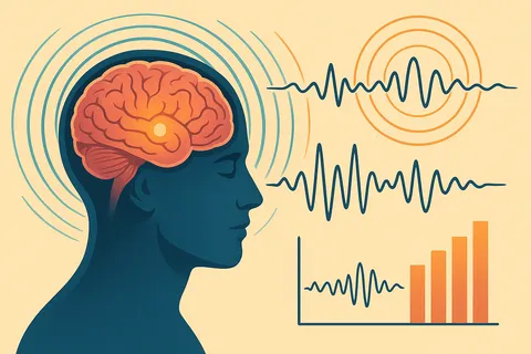 Illustration of a head in profile with a glowing brain, sound-wave lines and a bar chart of rising orange bars