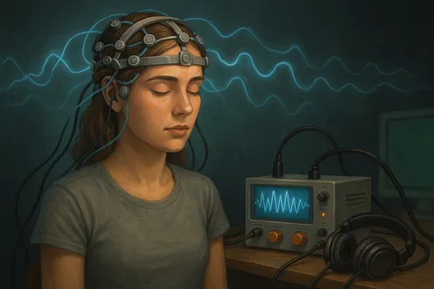 Painted figure with closed eyes wearing an EEG cap, beside a small waveform monitor, headphones and glowing blue wave lines