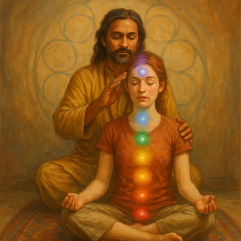 Painting of a bearded practitioner behind a meditating woman, one hand near her forehead, colored orbs down her torso