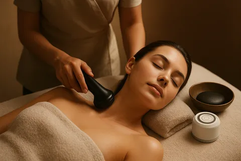 Therapist pressing a black vibration tool to a woman's shoulder as she lies relaxed with eyes closed, stone and device nearby