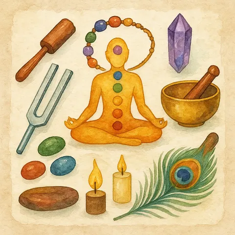 Watercolor of a golden meditating figure with a tuning fork, singing bowl, crystal, stones, candles and a peacock feather