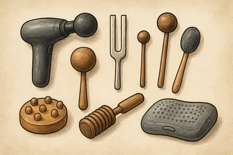 Sketch of a massage gun, tuning fork, wooden mallets, a studded wooden massager and a vibrating mat laid out on paper