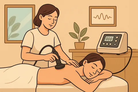 Illustrated practitioner using a corded vibration tool on a client's back, with a control unit and a wave picture behind