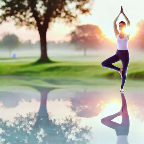 A woman in tree pose with hands overhead beside a misty lake at sunrise, her reflection in the water