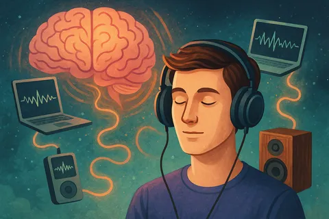 Illustration of a man with closed eyes and headphones, a glowing brain, laptops, a music player and a speaker