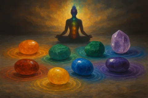 Painting of seven polished stones and an amethyst point on a dark surface, with a glowing meditating silhouette behind