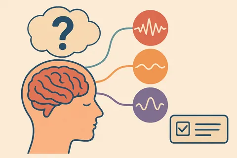 Flat illustration of a head in profile with a thought bubble, a brain, three colored waveform circles and a checklist card