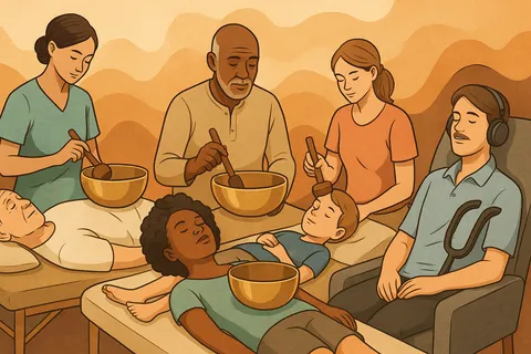 Adults and children lie or sit as practitioners play golden singing bowls; one man in a chair wears headphones