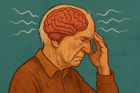 Illustration of an older man with a hand on his forehead, a red brain shown inside his head and wavy lines on both sides